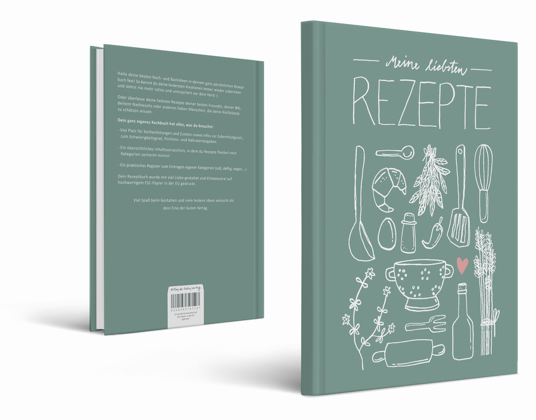 Großes XXL Rezeptbuch in A4 zum Selberschreiben - Meine liebsten Rezepte | DIY Kochbuch, Design in Mint Weiß Rosa, FSC Papier, Hardcover, 21x30 cm