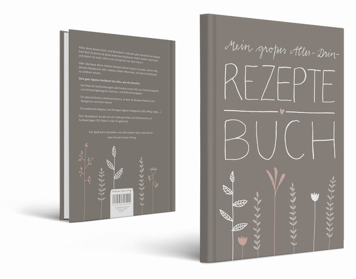 Großes XXL alles-drin A4 Rezeptbuch zum Selberschreiben, DIY Kochbuch, Blumen Design in Beige Weiß Rosa, FSC Papier, Hardcover, 21 x 30 cm