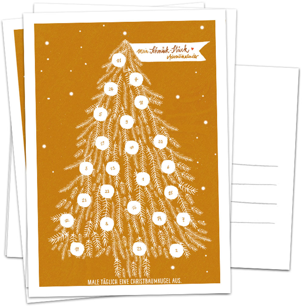 Adventskalender Postkarten mit Baumkugeln zum Ausmalen | Mini Adventskalender als Alternative für Weihnachtskarten & Weihnachtsgrüße | Kupfer Weiß