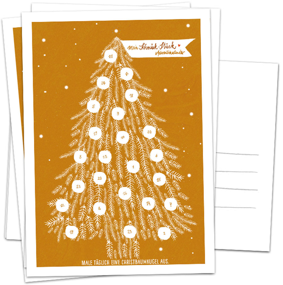 Adventskalender Postkarten mit Baumkugeln zum Ausmalen | Mini Adventskalender als Alternative für Weihnachtskarten & Weihnachtsgrüße | Kupfer Weiß