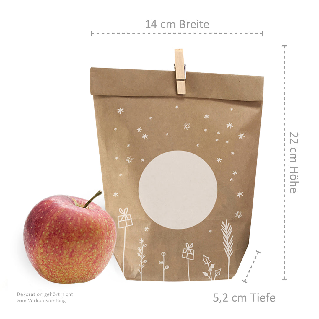 Adventskalender Geschenktüten zum selbst Befüllen | 24 Weihnachtsdeko Kraftpapiertüten als Geschenkverpackung | 14 cm x 22 cm | mit 24 FSC Holz Miniklammern