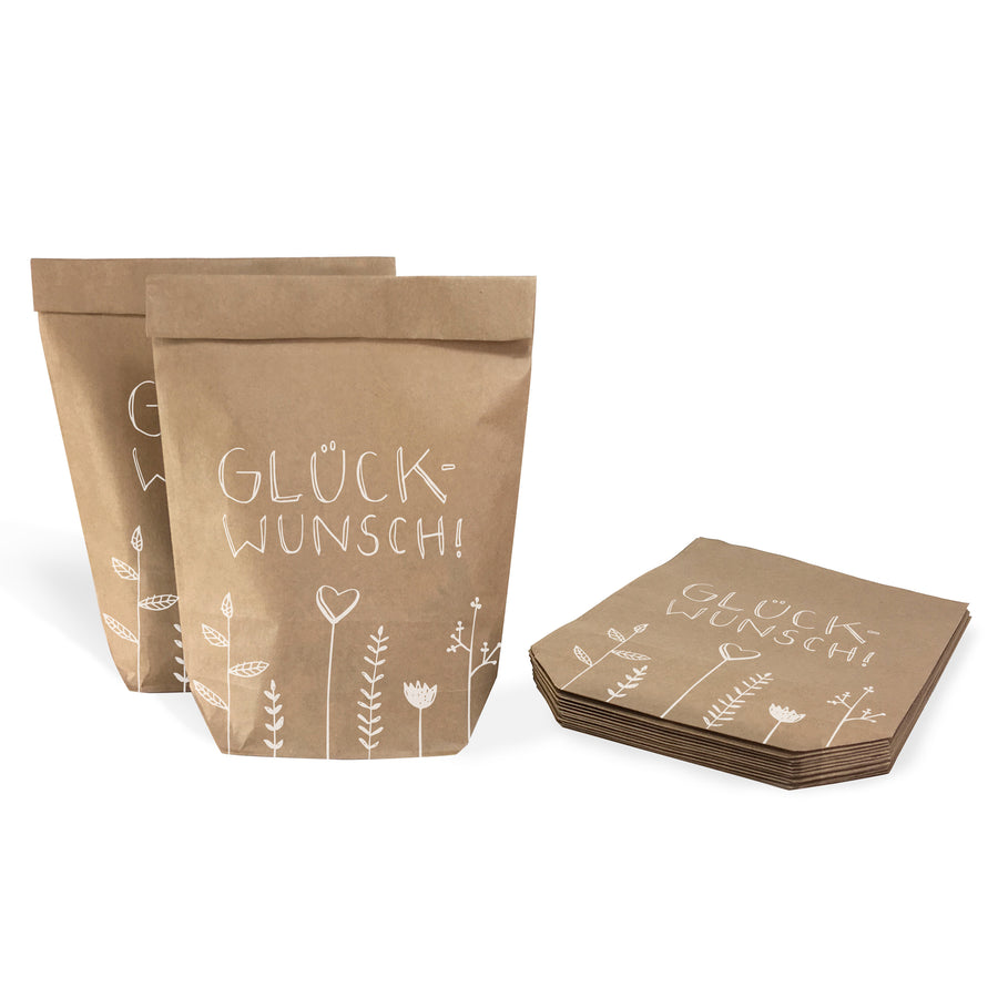 12 Geschenktüten - Glückwunsch! | Geschenkpapier Alternative für Geschenke zu Geburtstag, Hochzeit, Taufe, Konfirmation & Kommunion | 16,5 x 26 cm | Beige Weiß