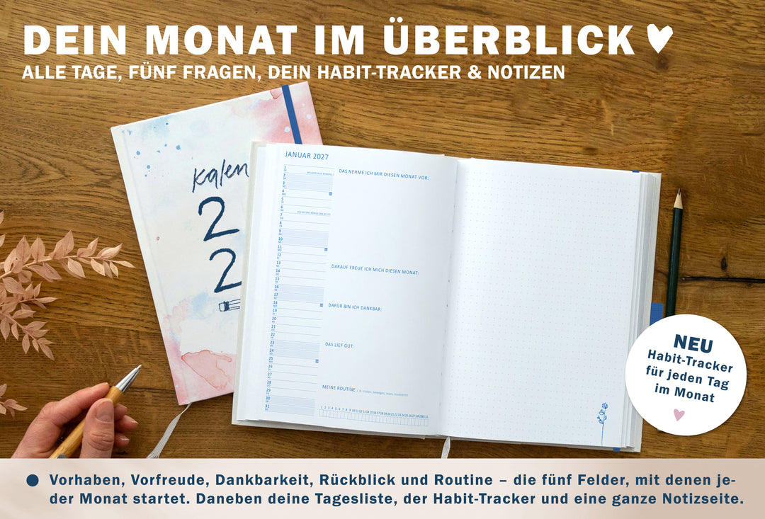Monatsübersicht im Tagesplaner 2027 mit Tagesliste, fünf Reflexionsfragen, Habit Tracker und großer Notizseite