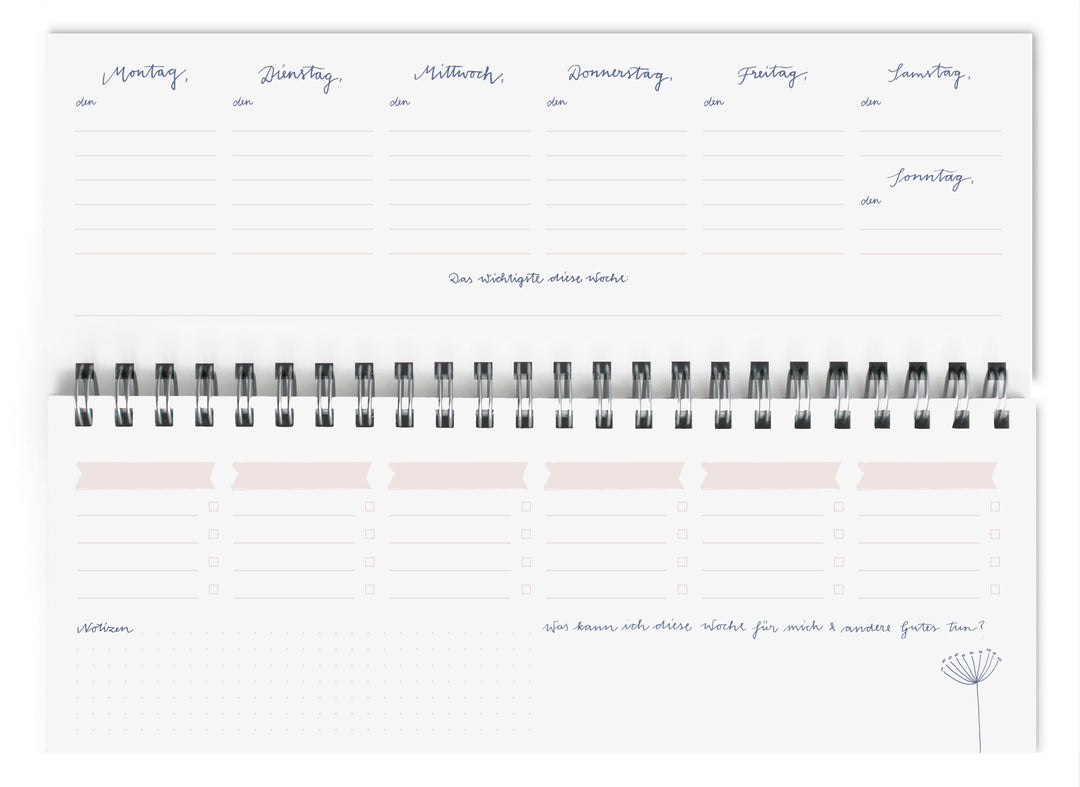 Tischkalender undatiert im Vintage Design | Ein ganzes Jahr | Querformat, blau rosa, umweltfreundlich aus FSC-Papier | Wochenplaner & Terminplaner
