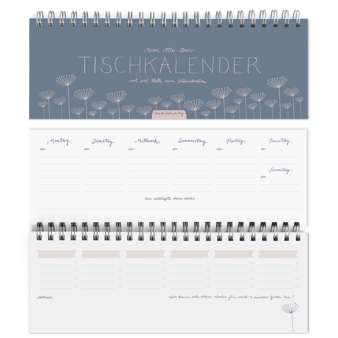 Tischkalender undatiert im Vintage Design | Ein ganzes Jahr | Querformat, blau rosa, umweltfreundlich aus FSC-Papier | Wochenplaner & Terminplaner