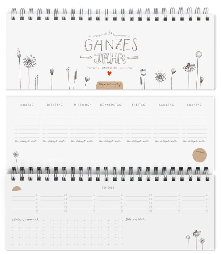 Tischkalender immerwährend im Vintage Design | Ein ganzes Jahr | Querformat, Weiß, umweltfreundlich aus FSC-Papier | Wochenplaner & Terminplaner