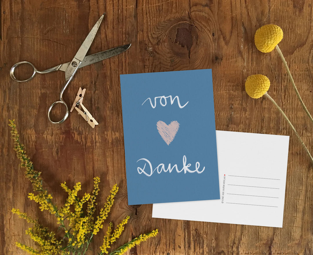 Dankeskarte Von Herzen Danke, nachhaltige Recyclingpapier Postkarte blau rosa, Geschenkidee Wertschätzung