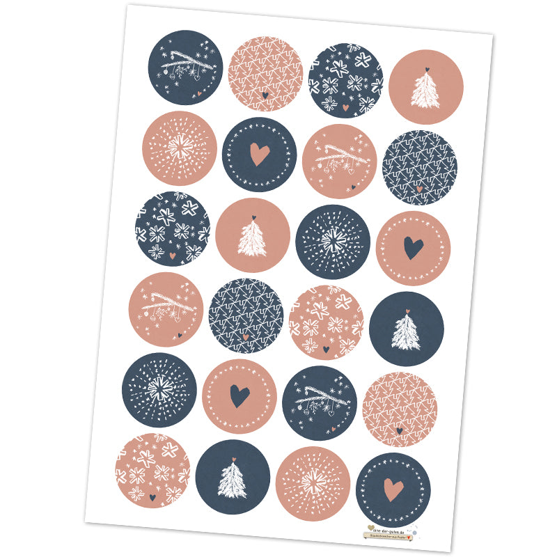 24 Weihnachtsdeko Aufkleber - Rosa Blau Weiß - für Mädchen, runde Sticker im verspielten Design, gemischt, 6 Motive, 4 cm