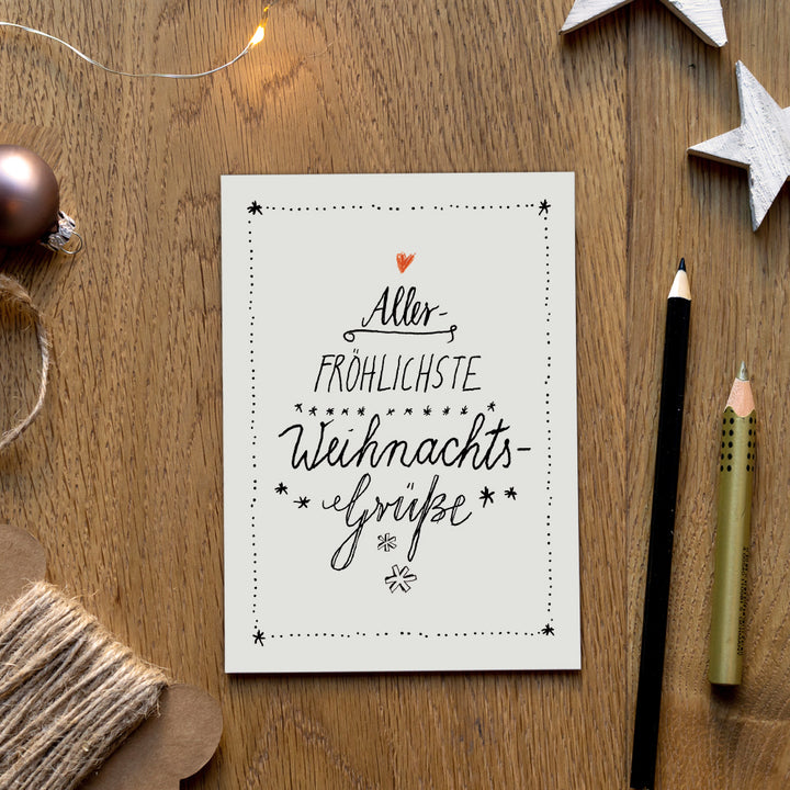 Weihnachtskarten - Allerfröhlichste Weihnachtsgrüße | Kalligrafie Postkarten mit Tannenbaum Typografie | schwarz weiß