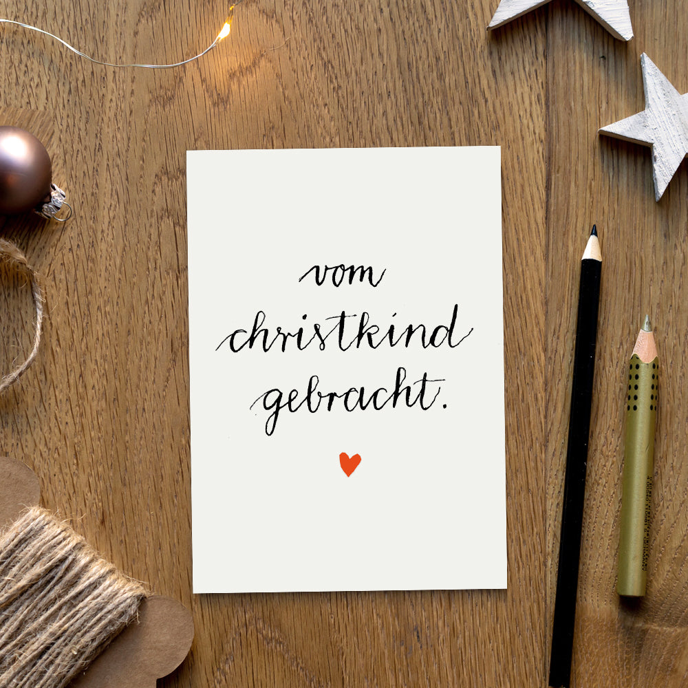 Weihnachtskarten - vom Christkind gebracht! | Recyclingpapier Postkarten | schlichtes Kalligrafie Design | Weiß Schwarz