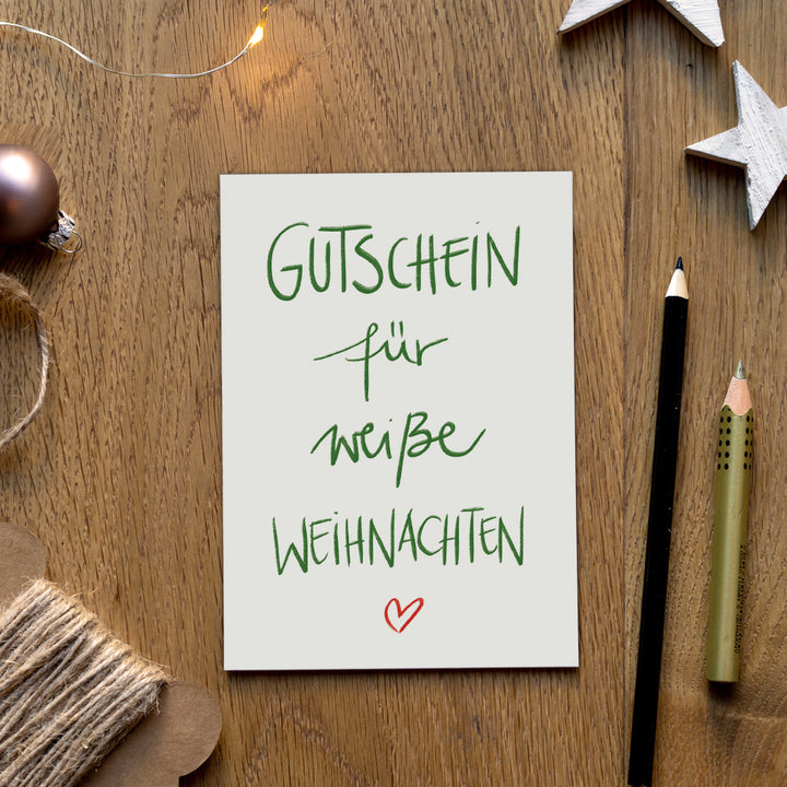 Nachhaltige Weihnachtskarte aus Recyclingpapier – Gutschein für weiße Weihnachten – produziert in Deutschland