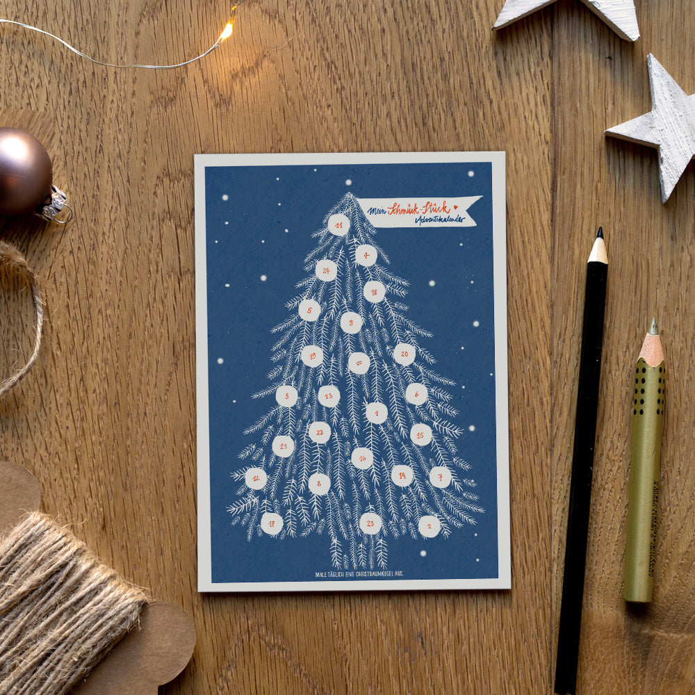Adventskalender Postkarten mit Baumkugeln zum Ausmalen | Mini Adventskalender als Alternative für Weihnachtskarten & Weihnachtsgrüße | Blau Weiß Rot