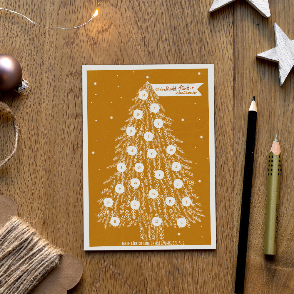 Adventskalender Postkarten mit Baumkugeln zum Ausmalen | Mini Adventskalender als Alternative für Weihnachtskarten & Weihnachtsgrüße | Kupfer Weiß