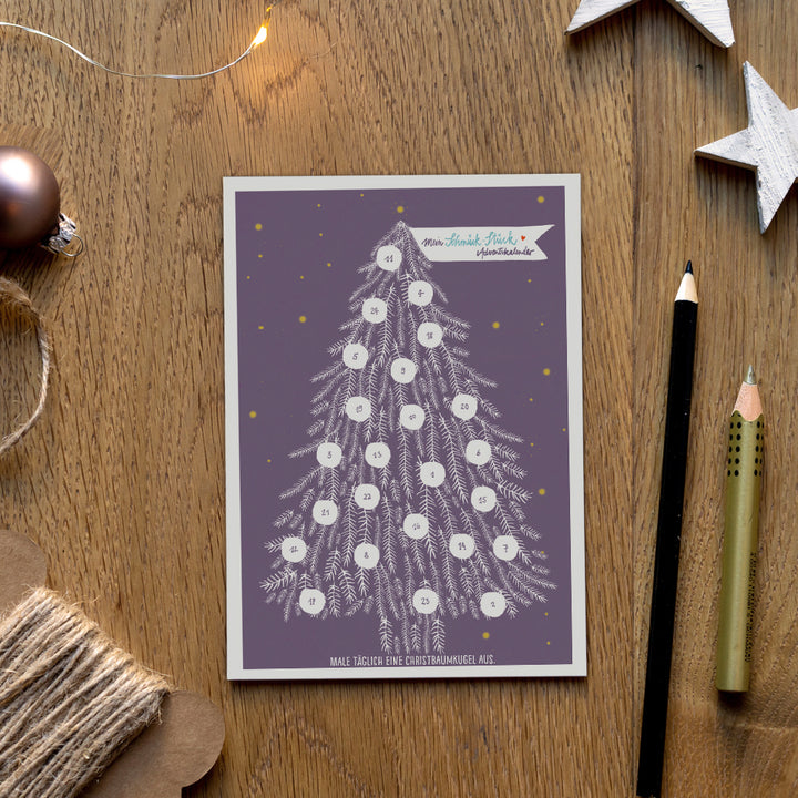 Adventskalender Postkarten mit Baumkugeln zum Ausmalen | Mini Adventskalender als Alternative für Weihnachtskarten & Weihnachtsgrüße | Lila Weiß