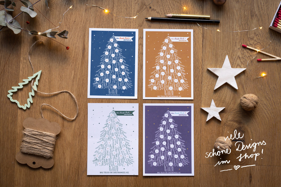 Adventskalender Postkarten mit Baumkugeln zum Ausmalen | Mini Adventskalender als Alternative für Weihnachtskarten & Weihnachtsgrüße | Grün Weiß