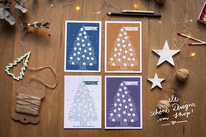 Adventskalender Postkarten mit Baumkugeln zum Ausmalen | Mini Adventskalender als Alternative für Weihnachtskarten & Weihnachtsgrüße | Grün Weiß