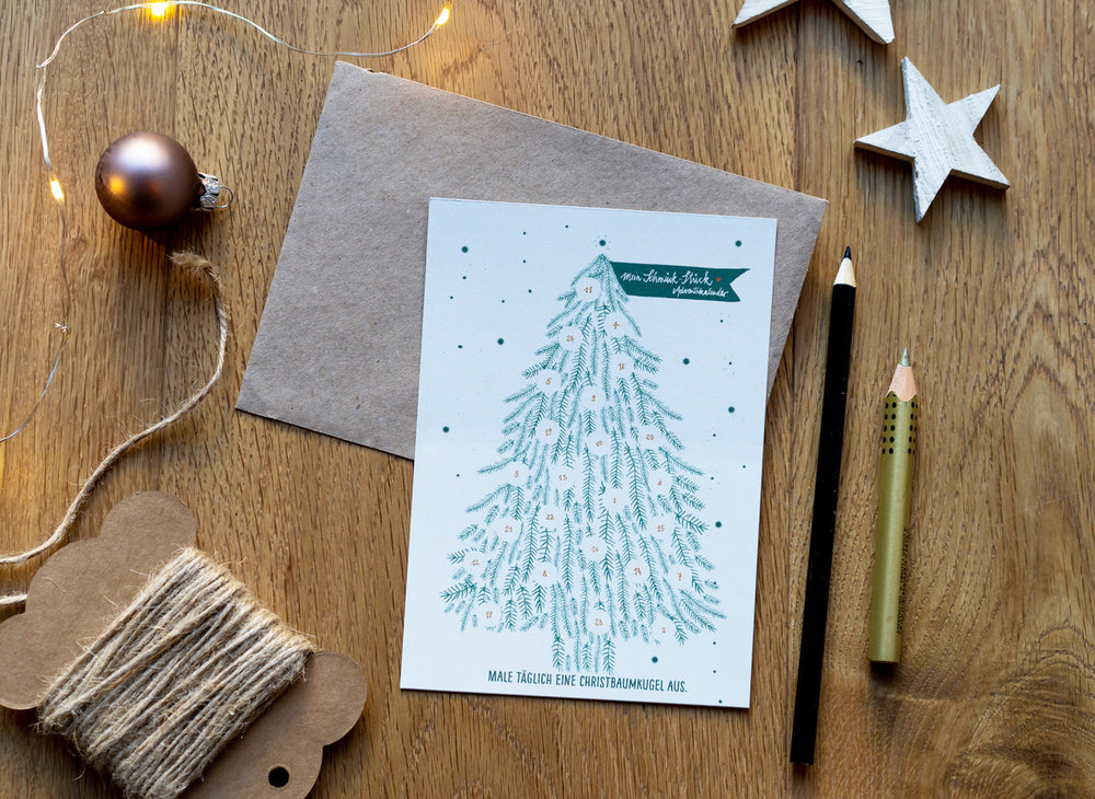 Adventskalender Postkarten mit Baumkugeln zum Ausmalen | Mini Adventskalender als Alternative für Weihnachtskarten & Weihnachtsgrüße | Grün Weiß