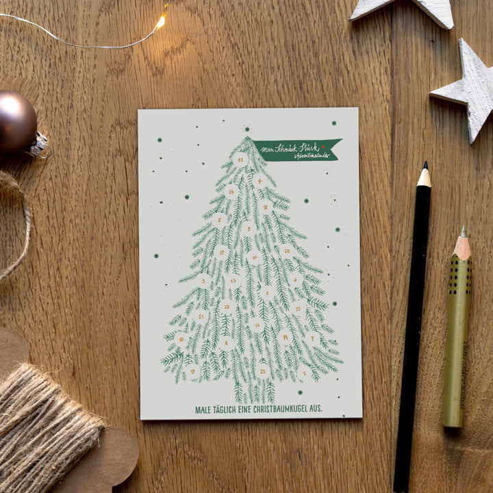 Adventskalender Postkarten mit Baumkugeln zum Ausmalen | Mini Adventskalender als Alternative für Weihnachtskarten & Weihnachtsgrüße | Grün Weiß