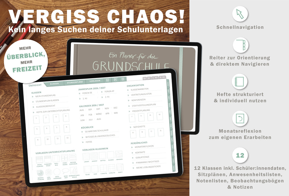 Digitaler Grundschulplaner 2026/2027 – Lehrerplaner PDF Grundschule für iPad & GoodNotes – Greige Rosa Mint