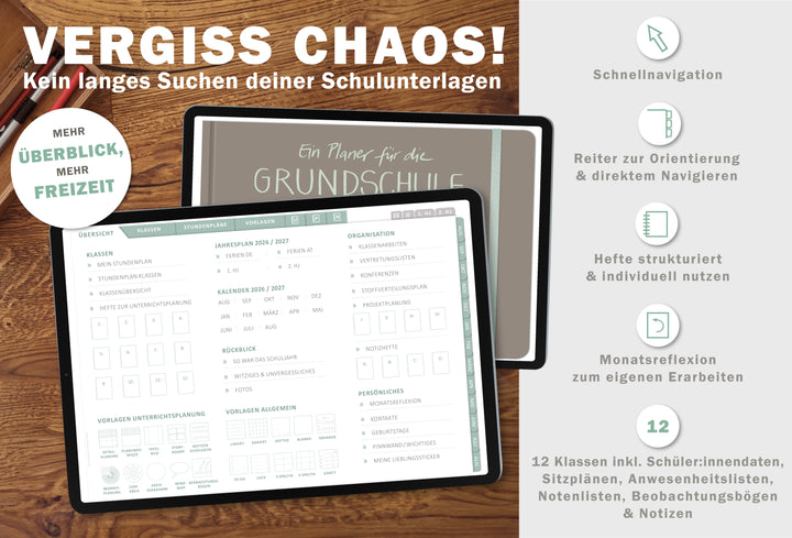 Digitaler Grundschulplaner 2026/2027 – Lehrerplaner PDF Grundschule für iPad & GoodNotes – Greige Rosa Mint