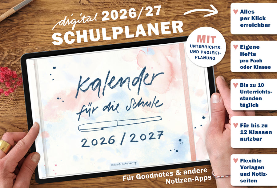 Lehrerkalender digital 2026 2027 Weiß Blau Rosa | digitaler Lehrerplaner für Unterrichtsvorbereitung & Planung | Schulplaner im Querformat, Schuljahr 2026/27