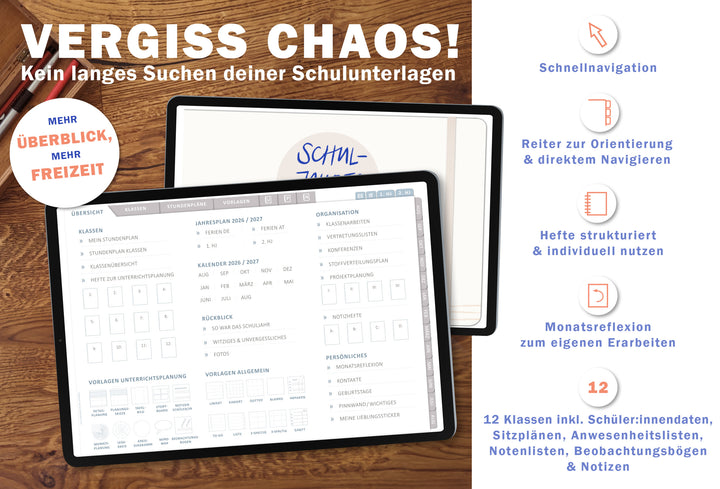 Lehrerkalender digital 2026 2027 Creme | digitaler Lehrerplaner für Unterrichtsvorbereitung & Planung | Schulplaner im Querformat, Schuljahr 2026/27