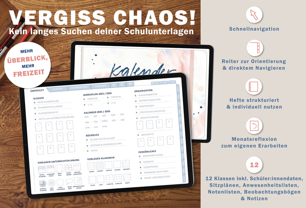 Lehrerkalender digital 2026 2027 Weiß Blau Rosa | digitaler Lehrerplaner für Unterrichtsvorbereitung & Planung | Schulplaner im Querformat, Schuljahr 2026/27