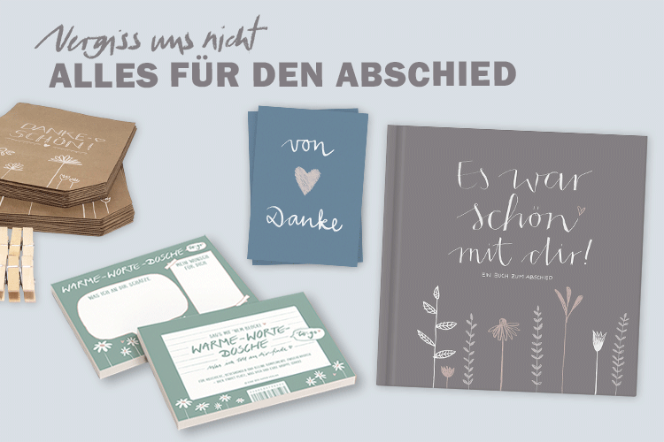 Produkte für Abschied und Dank: Abschiedsbücher, Karten, Abreißblöcke und kleine Danke-Tüten
