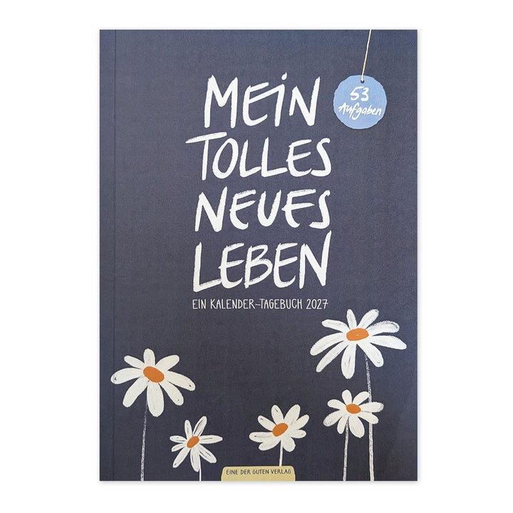 Kalender Tagebuch 2027 Softcover A5 in Blau mit weißen Blumen, 53 Aufgaben, Recyclingpapier