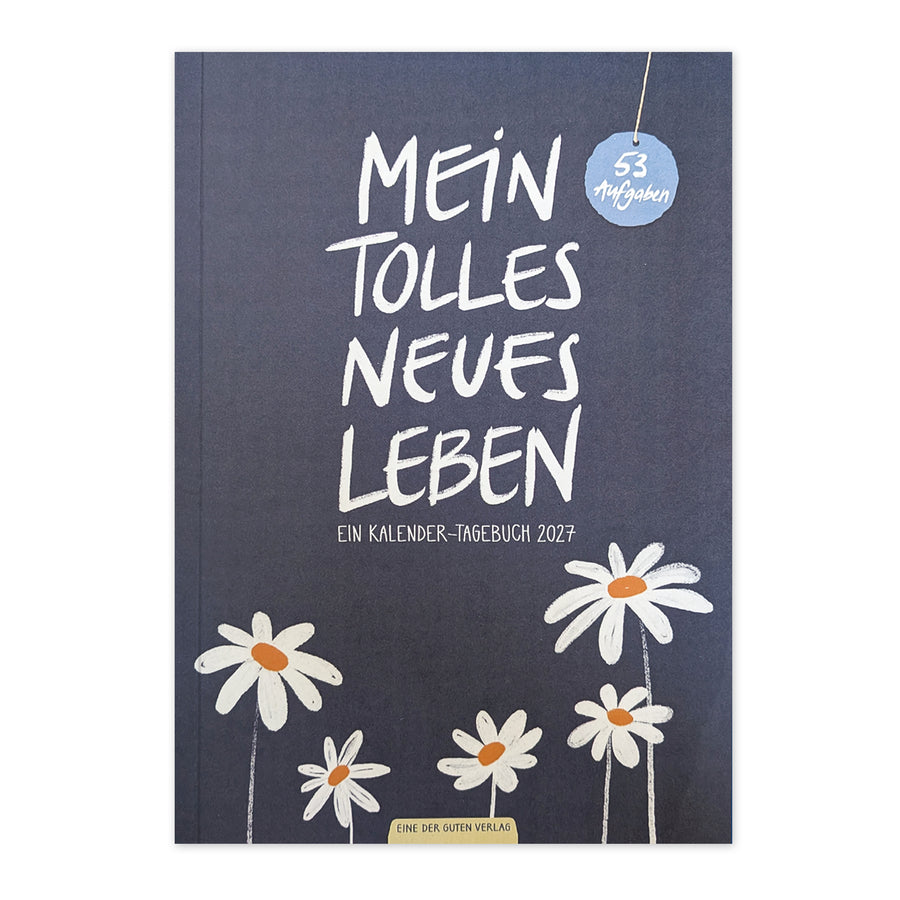 Kalender Tagebuch 2027 Softcover A5 in Blau mit weißen Blumen, 53 Aufgaben, Recyclingpapier