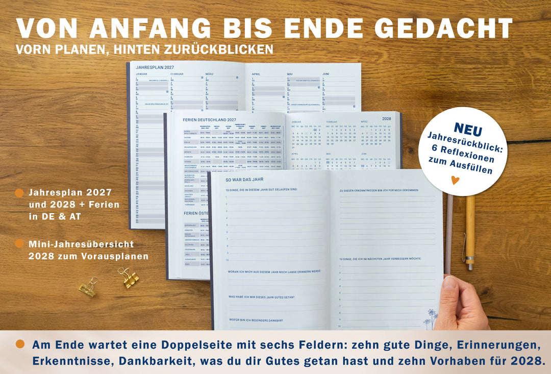 Jahresplan 2027, Ferien für Deutschland und Österreich und Jahresrückblick im Kalender Tagebuch 2027 A5