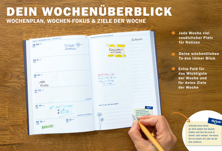 Wochendoppelseite im Kalender Tagebuch 2027: sieben Tagesfelder links, freie Schreibseite mit To-dos rechts
