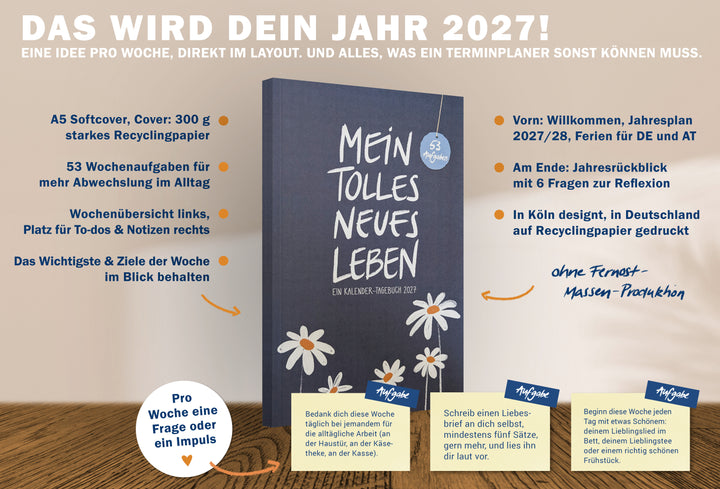 Kalender Tagebuch 2027 in A5, Softcover Blau, 53 Aufgaben auf gelben Zetteln, Jahresrückblick