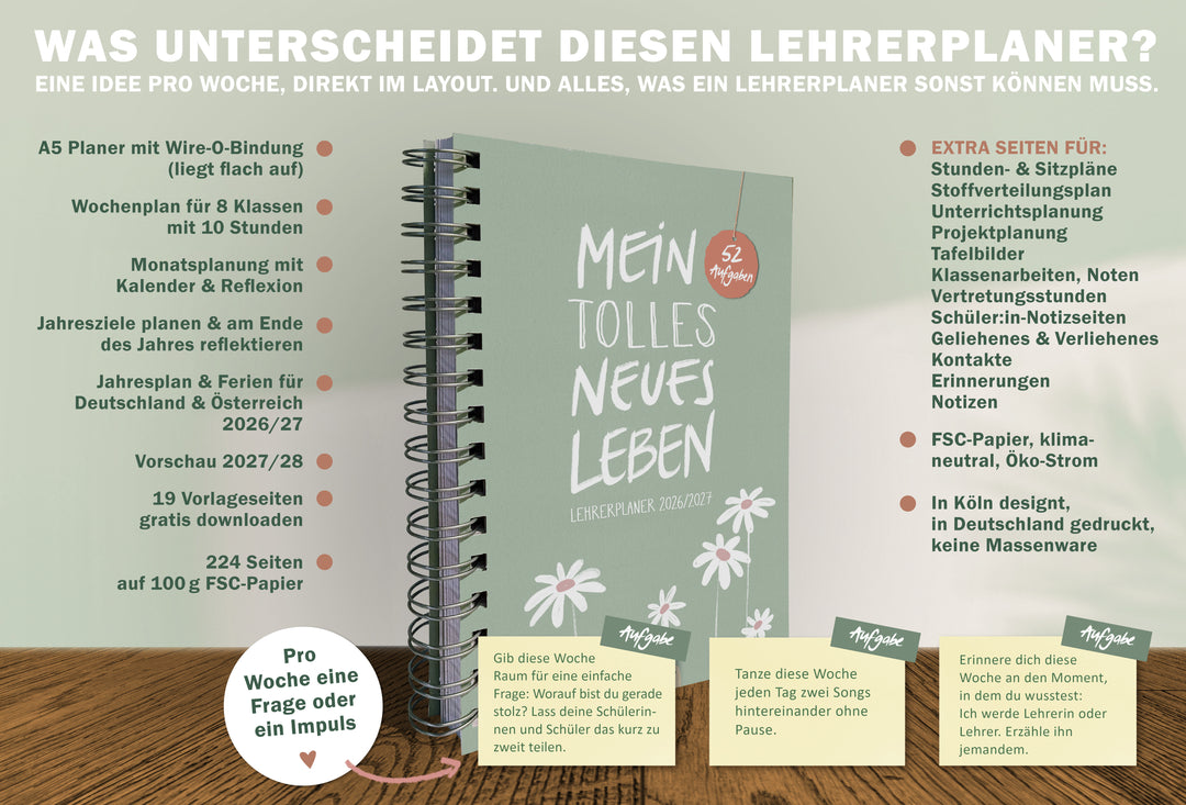 A5 Lehrerplaner 2026/2027 mit 52 Wochenimpulsen - Mein tolles neues Leben, Wire-O Softcover Lehrerkalender, FSC Papier, klimaneutral