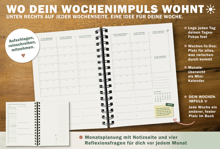 A5 Lehrerplaner 2026/2027 mit 52 Wochenimpulsen - Mein tolles neues Leben, Wire-O Softcover Lehrerkalender, FSC Papier, klimaneutral