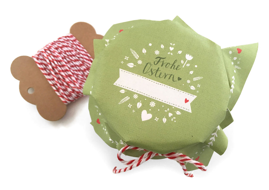 25 Marmeladendeckchen - Frohe Ostern | Gläserdeckchen GRÜN für Marmelade & Einmachgläser | Recyclingpapier Abreißblock + 10 m Garn + Justiergummi