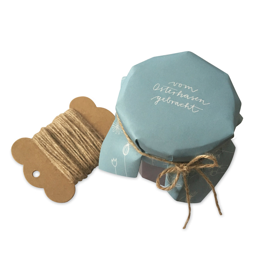 25 Marmeladendeckchen - vom Osterhasen gebracht | Gläserdeckchen blau weiß für Marmelade & Einmachgläser | Recyclingpapier Abreißblock + 10 m Jute Garn