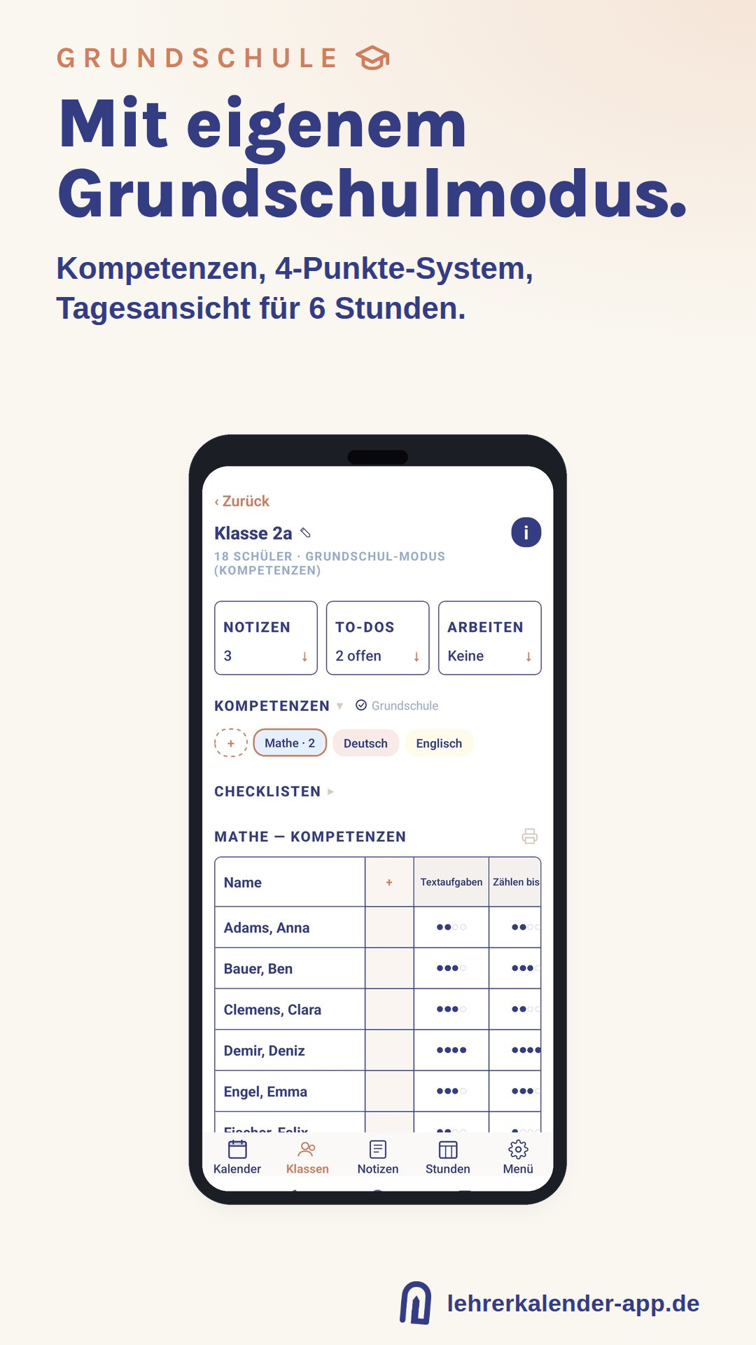 Grundschulmodus der Lehrerkalender App mit Kompetenzbereichen
