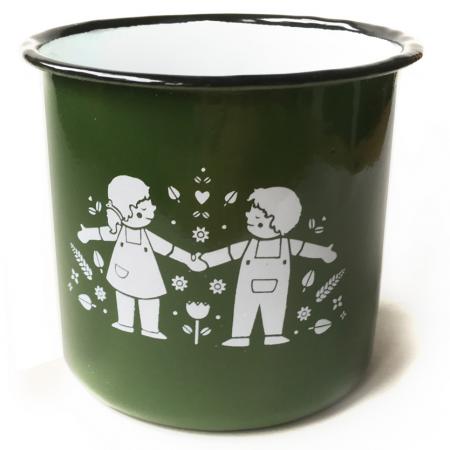 Emaille Tasse Kinder  | Sommerkinder | 350 ml | grün weiß Kindertasse Kinder  | retro Illustration