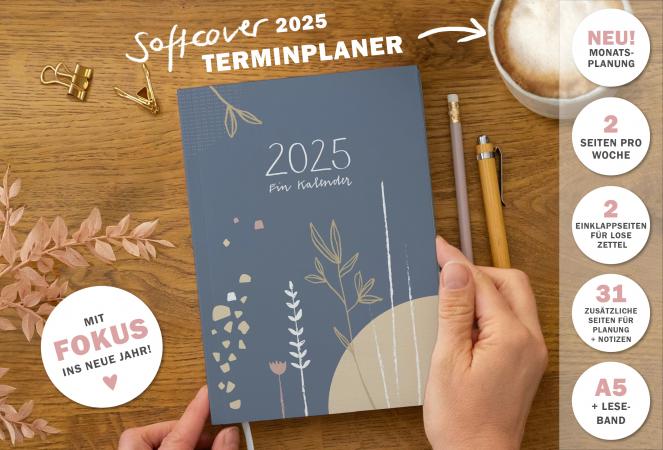 A5 Terminkalender 2025 blau weiß beige mit blanko Seiten liniert für Notizen & Ideen