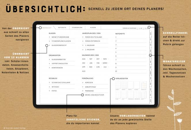 Digitaler Terminkalender 2023 2024 für Lehrerinnen & Lehrer für die Unterrichtsplanung, interaktives pdf