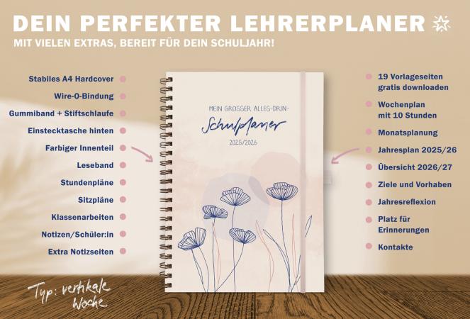 Lehrerkalender 2025 2026 Creme Rosa mit Planungshelfer für Unterrichtsvorbereitung und Schuljahr Planung