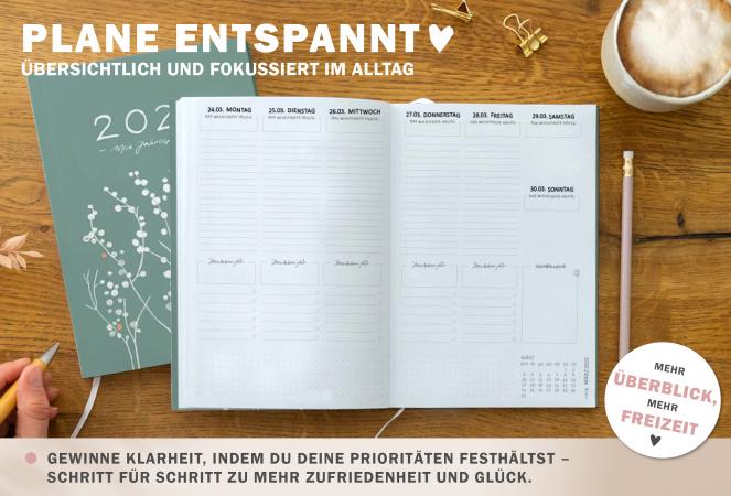 Detailansicht Wochenübersicht A5 Terminkalender 2025, grün weiß orange mit Blumen