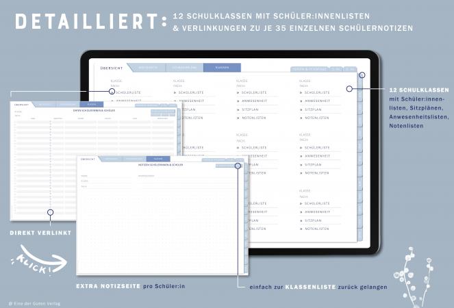 Download Terminkalender für Lehrerinnen & Lehrer, Schuljahr 2023 2024, mit Stundenpläne, 9 Klassenlisten für 35 Schüler:innen und weitere Planungshelfer