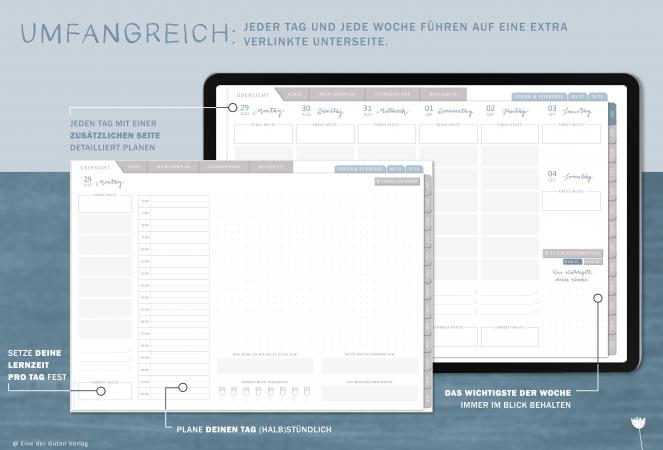 Detailansicht Wochenplanung, digitaler Studienplaner 2022 2023 mit extra Notizseiten für jeden Tag und jede Woche