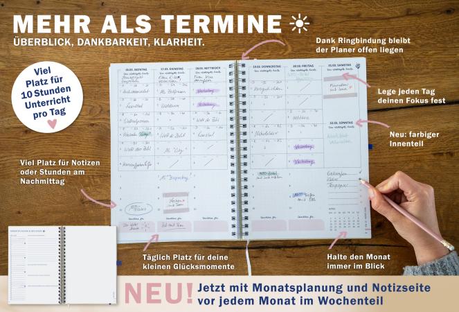 Detailansicht Wochenplanung Lehrerkalender 2025 2026 mit Jahresübersicht, Stundenpläne, Klassenliste, hellgelb blau rosa