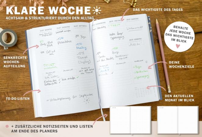 Detailansicht Wochenübersicht A5 Terminkalender 2025, blau weiß creme mit Blumen