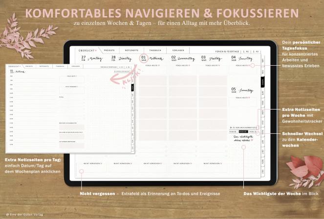 Detailansicht Wochenplanung, digitaler Terminplaner 2023 mit extra Notizseiten für jeden Tag und jede Woche