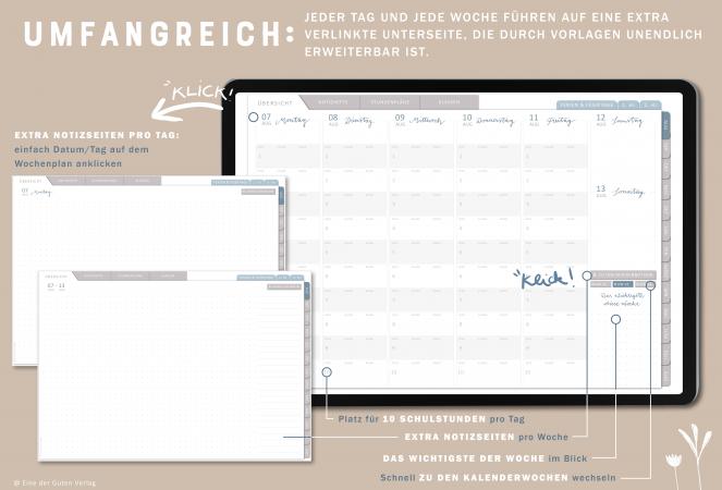 Detailansicht Wochenplanung, digitaler Lehrerkalender 2023 2024 mit extra Notizseiten für jeden Tag und jede Woche