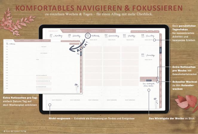 Detailansicht Wochenplanung, digitaler Terminplaner 2023 mit extra Notizseiten für jeden Tag und jede Woche